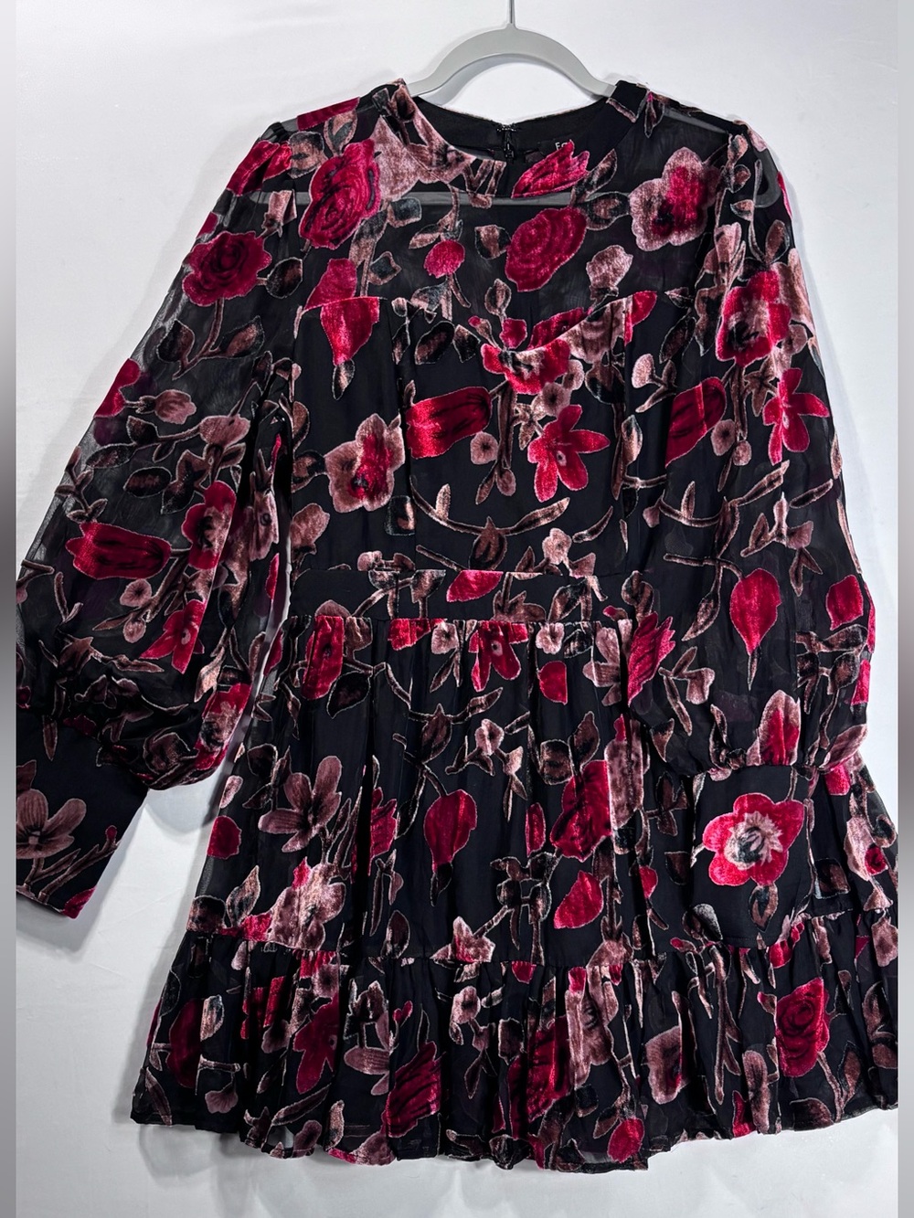 Fate Black Midi Dress with Red and Blush Floral Velvet Burnout